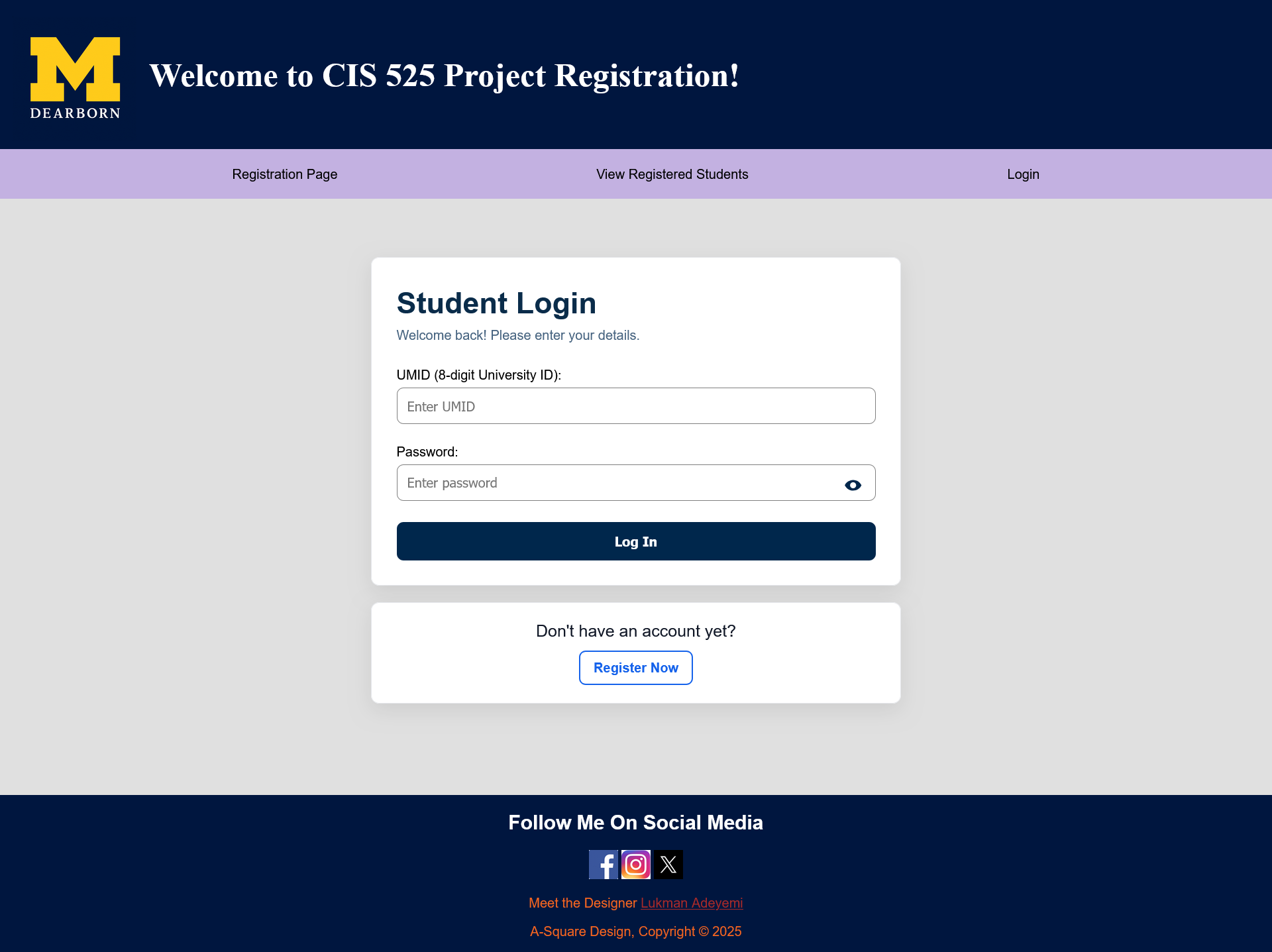 Course Registration Project — Student Login UI